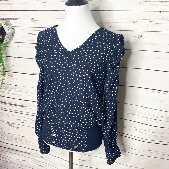 Carmen Marc Valvo Navy Blue & White Polka Dot Puff Sleeve Blouse Top Size Small - Picture 4 of 10